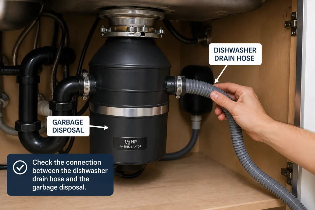 Checking dishwasher drain hose connection to the garbage disposal