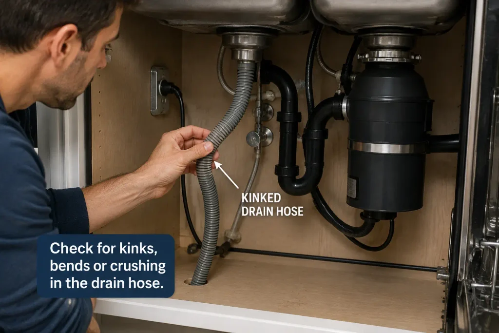 Checking dishwasher drain hose for kinks and blockages under the sink