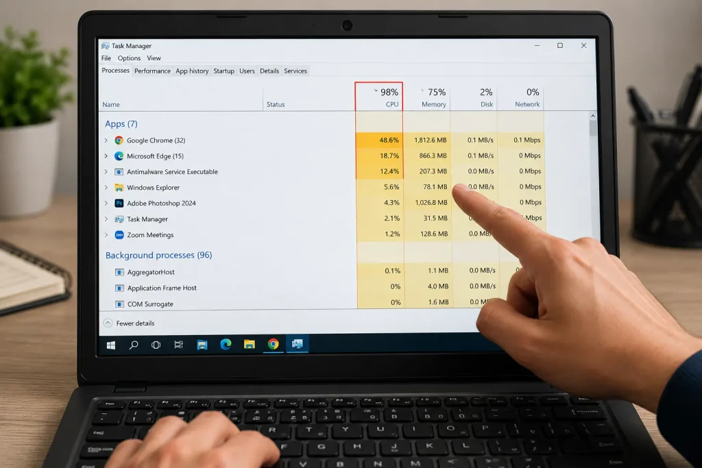 Checking high CPU usage in Task Manager when laptop keeps overheating