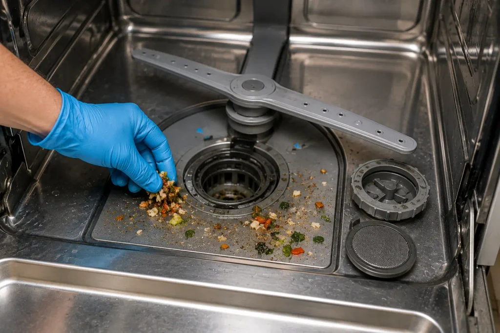 Cleaning a clogged dishwasher filter and drain to remove food debris