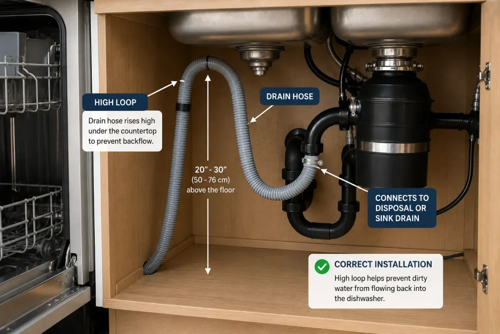 Correct dishwasher drain hose high loop installation to prevent backflow