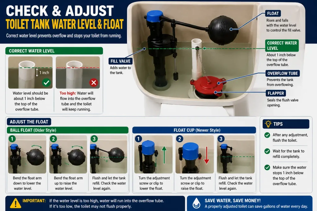 How to adjust toilet tank water level and float