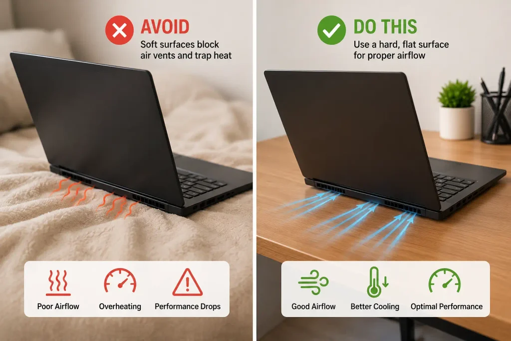 Laptop keeps overheating on soft surface compared with proper placement on a hard desk
