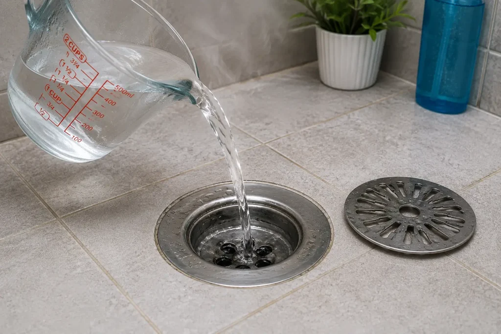 Pouring hot water into a clogged shower drain