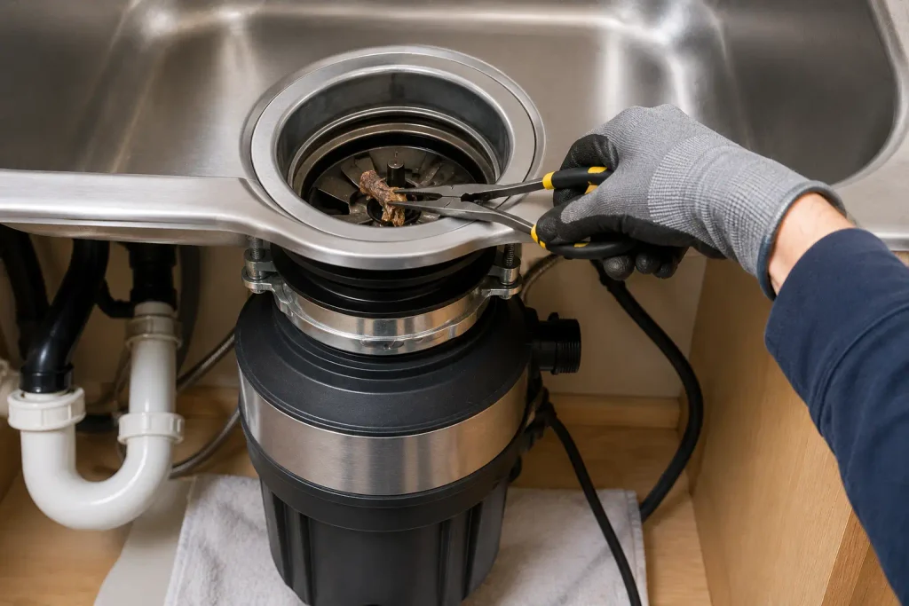 Removing an object from a garbage disposal with tongs