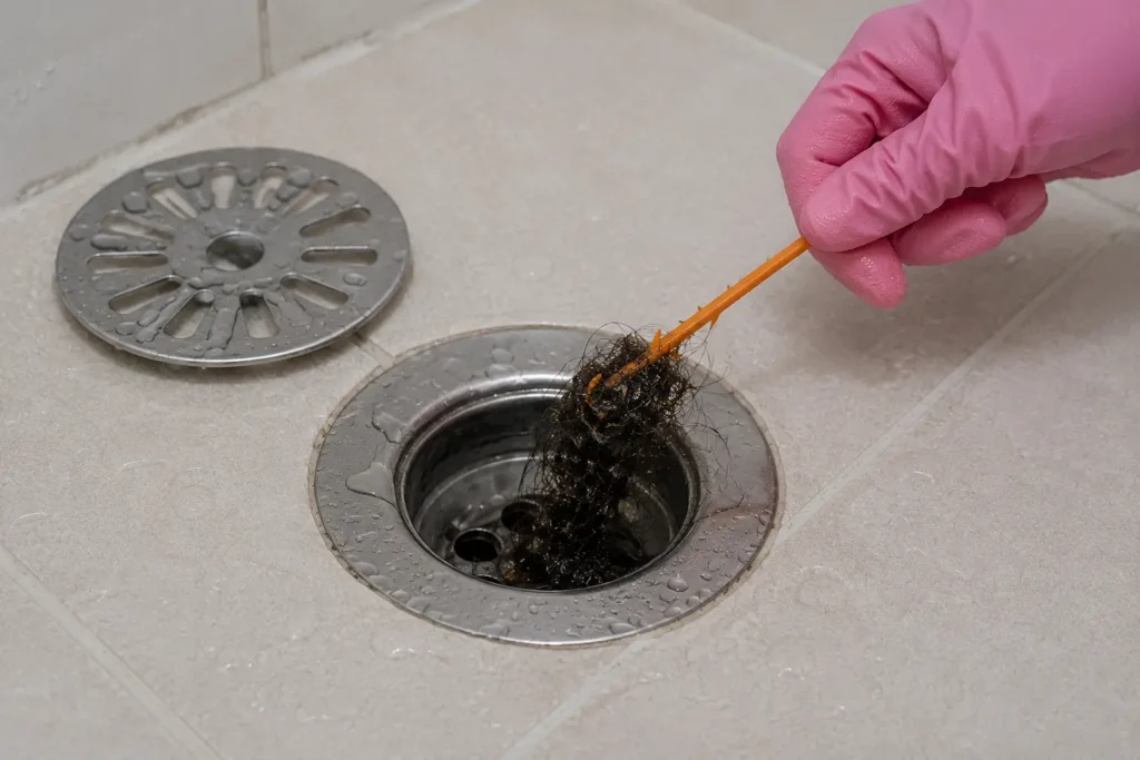 Removing hair from a clogged shower drain