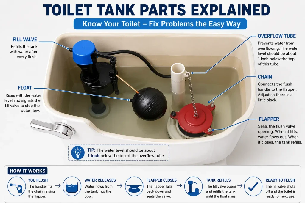 Running toilet tank parts including flapper fill valve and float