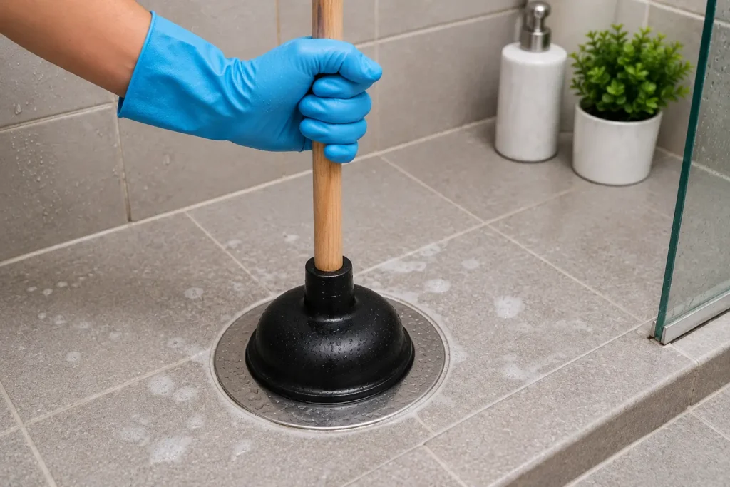 Using a plunger to unclog a shower drain