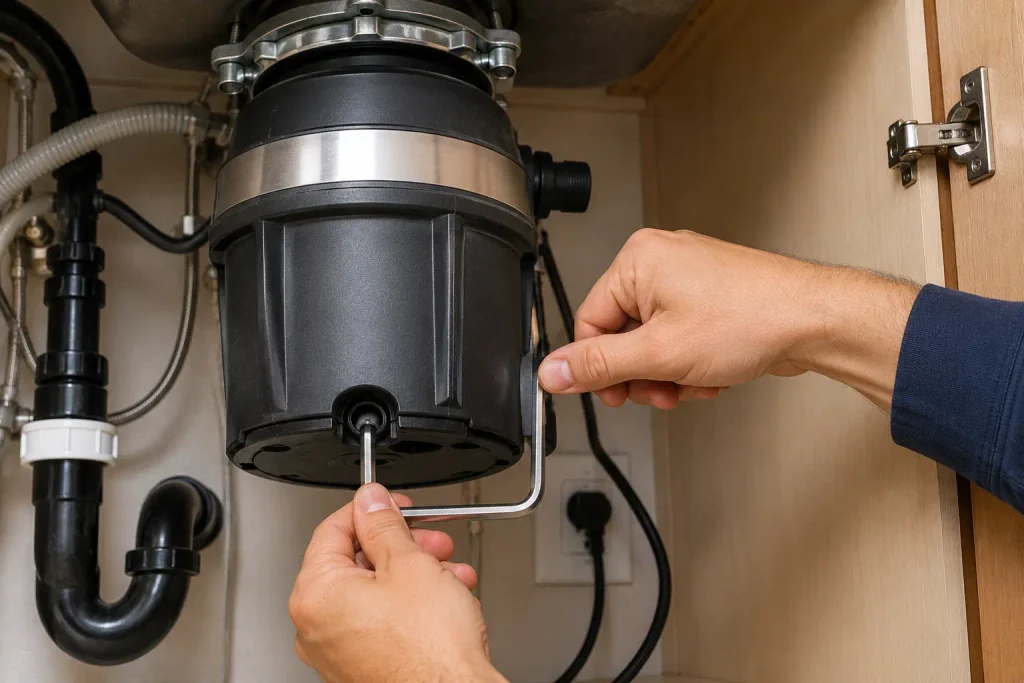 Using a wrench to fix a jammed garbage dispos