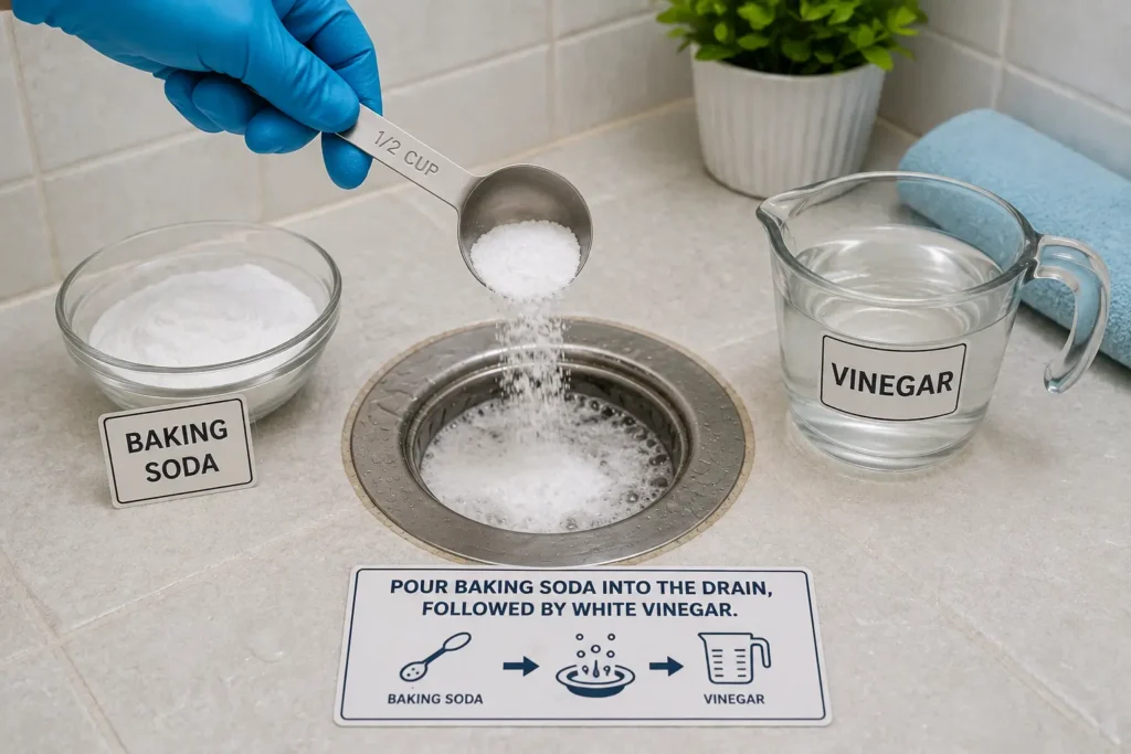 Using baking soda and vinegar to unclog a shower drain