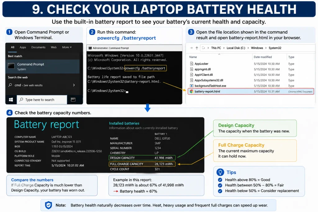 check laptop battery health using Windows battery report