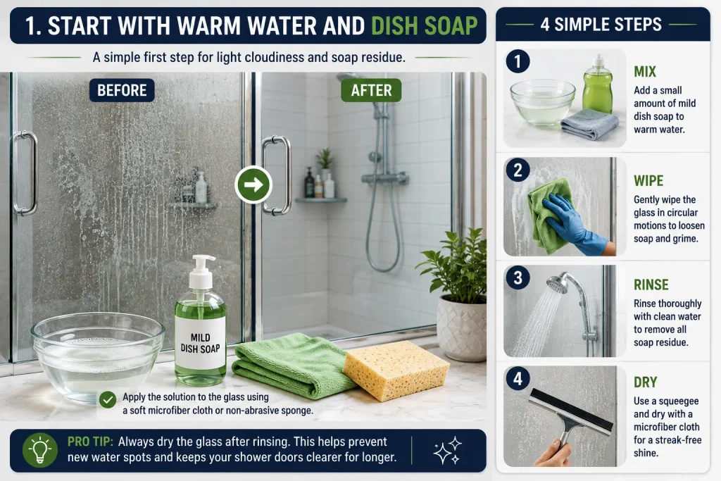 clean cloudy glass shower doors with dish soap and warm water