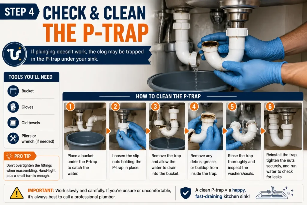 Cleaning the P-trap under a kitchen sink
