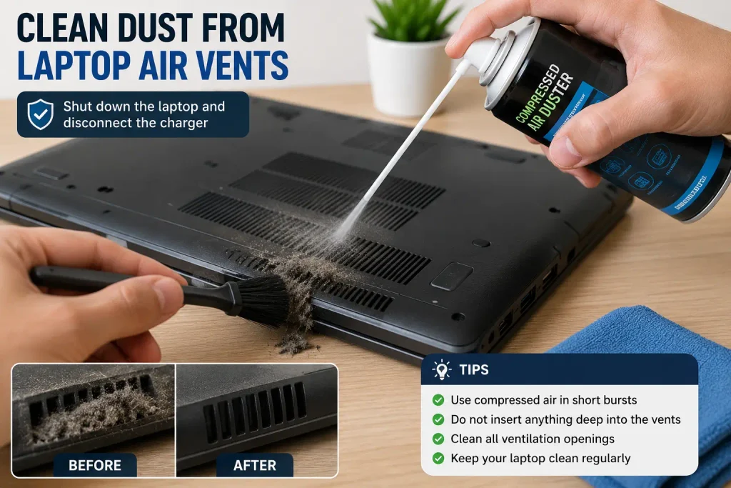 cleaning dusty laptop air vents to reduce fan noise