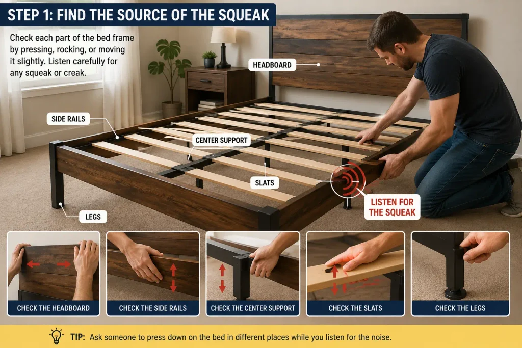 find the source when fixing a squeaky bed frame