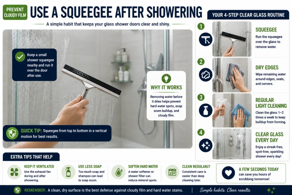 prevent cloudy film on glass shower doors with a squeegee