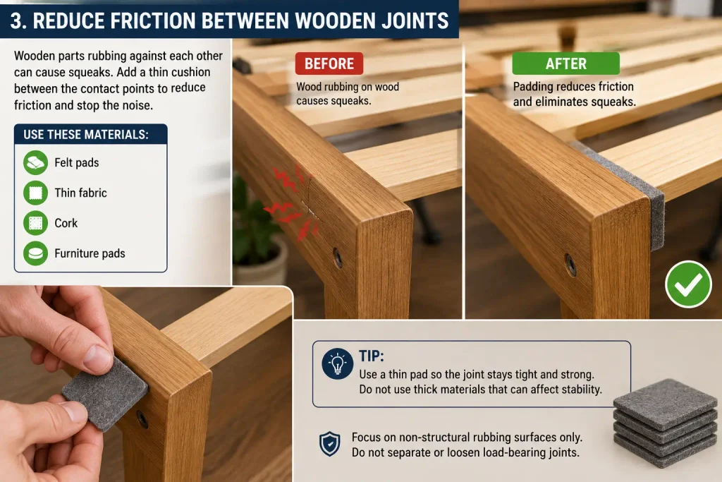 reduce friction between wooden joints on a squeaky bed frame