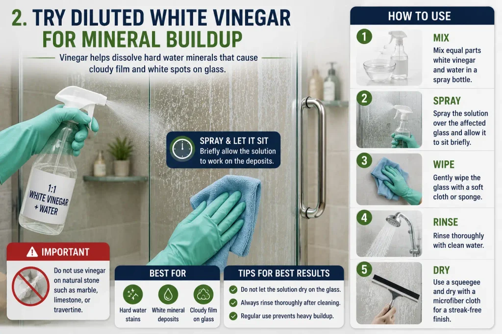 remove cloudy film from glass shower doors with diluted white vinegar