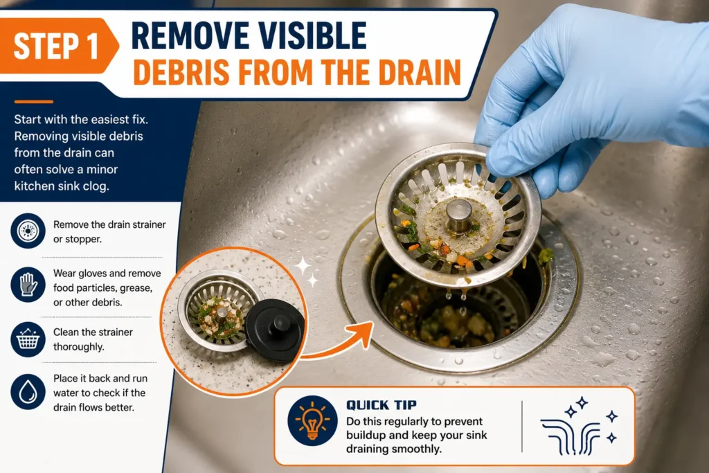 Removing debris from a clogged kitchen sink drain