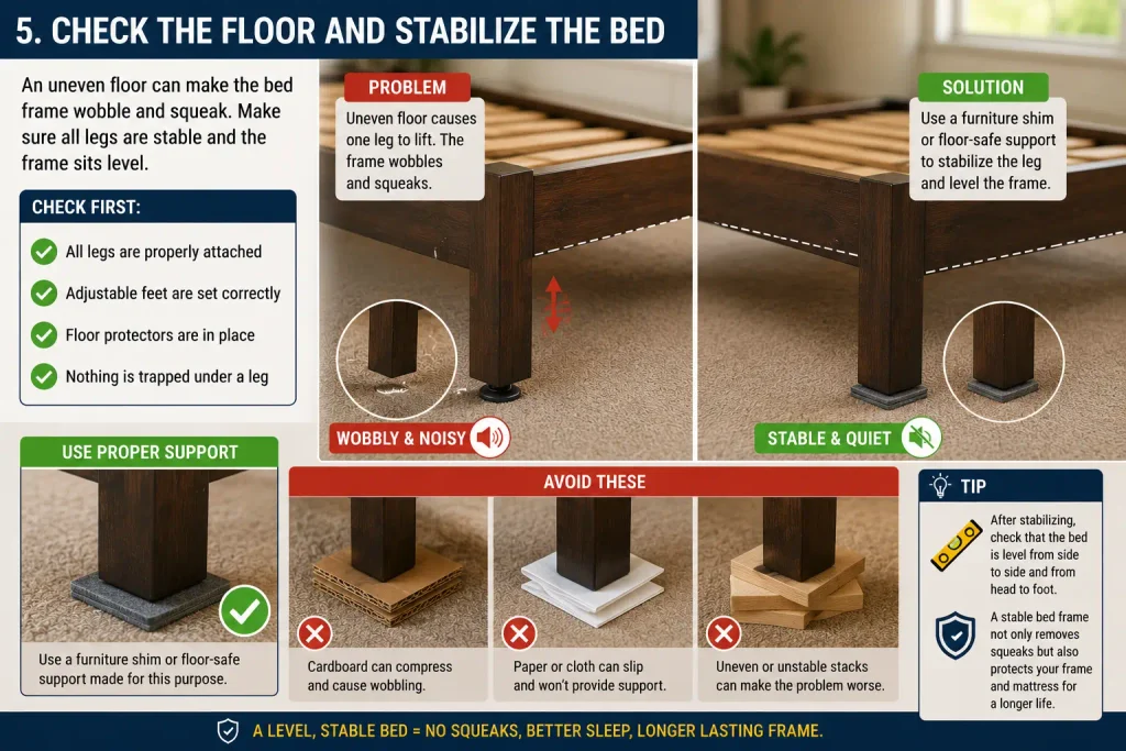 stabilize uneven bed frame to stop squeaking