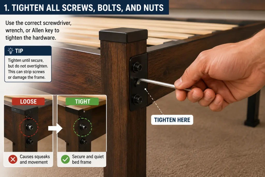 tighten loose bolts to fix a squeaky bed frame