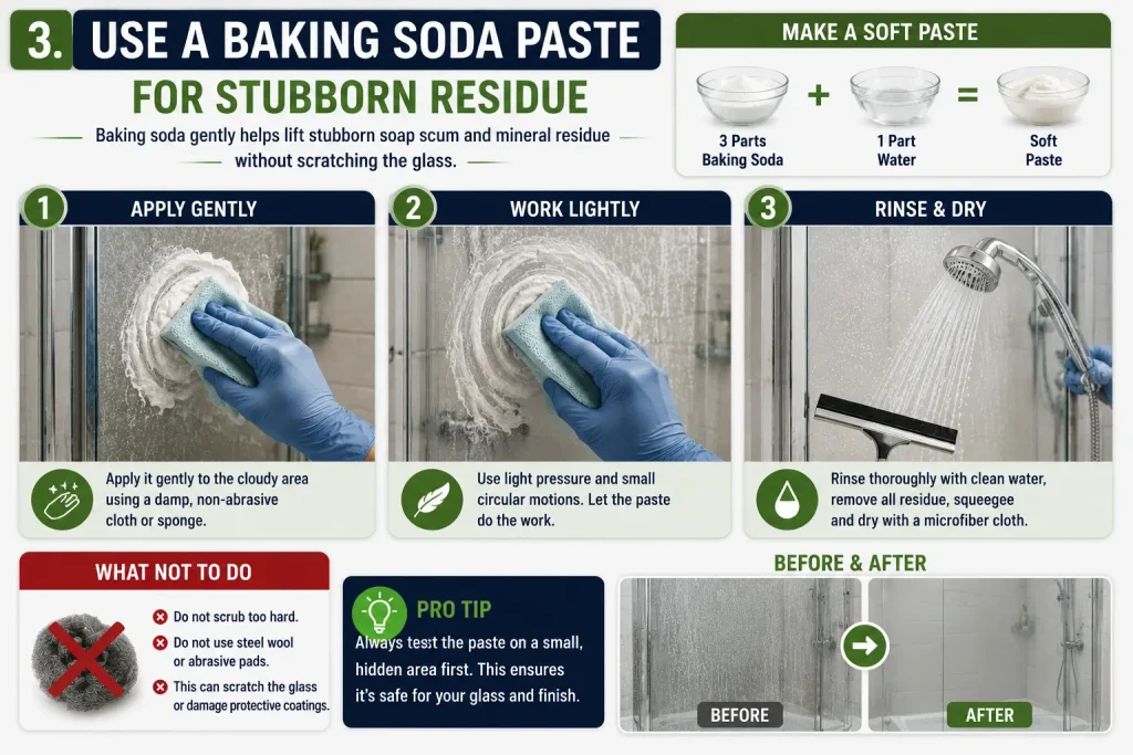 use baking soda paste to clean cloudy glass shower doors