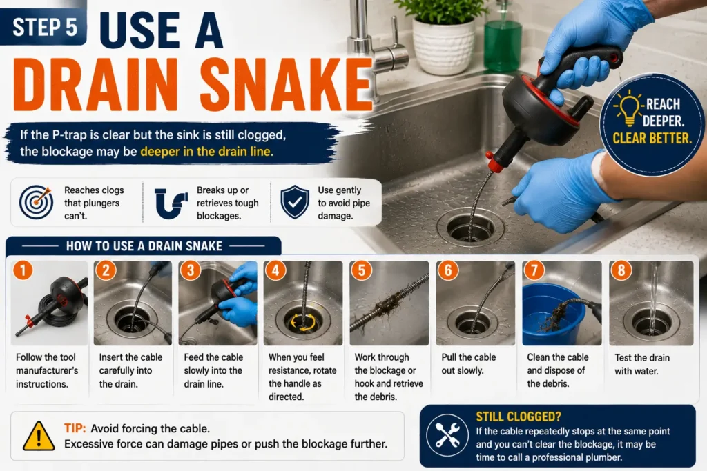 Using a drain snake to unclog a kitchen sink