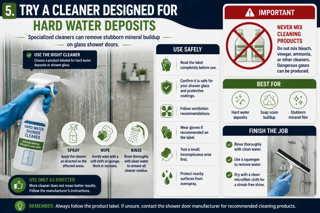 use hard water cleaner on cloudy glass shower doors safely