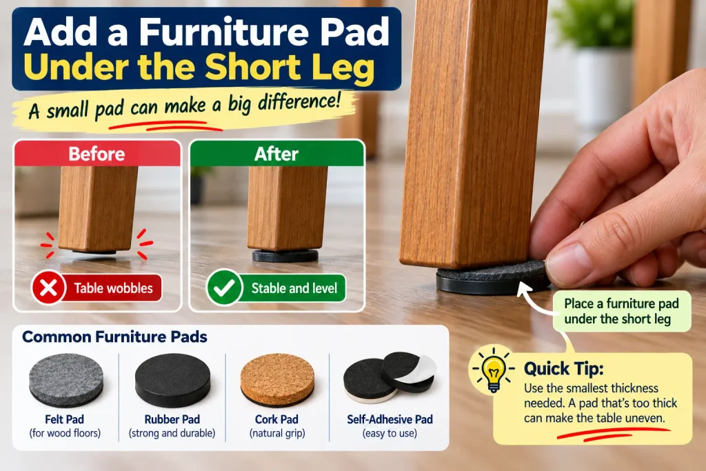 Adding a furniture pad under a short table leg to stop wobbling