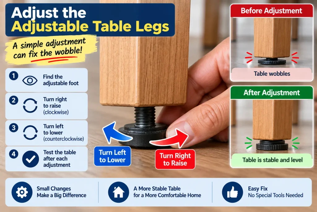 Adjusting an adjustable table leg to fix a wobbly table