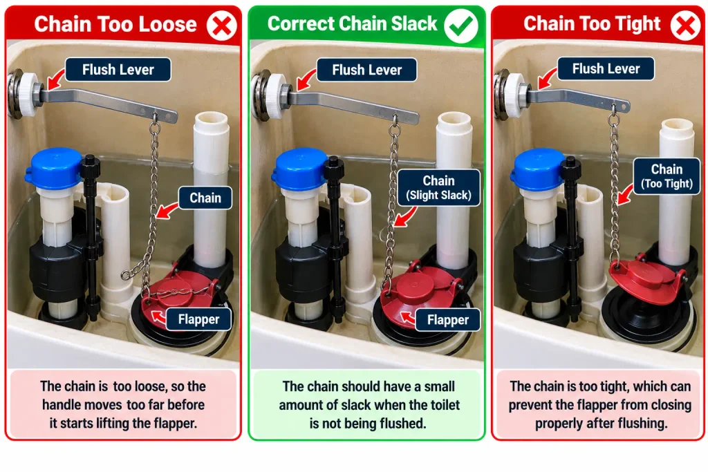 Adjusting toilet flush chain slack between the lever and flapper