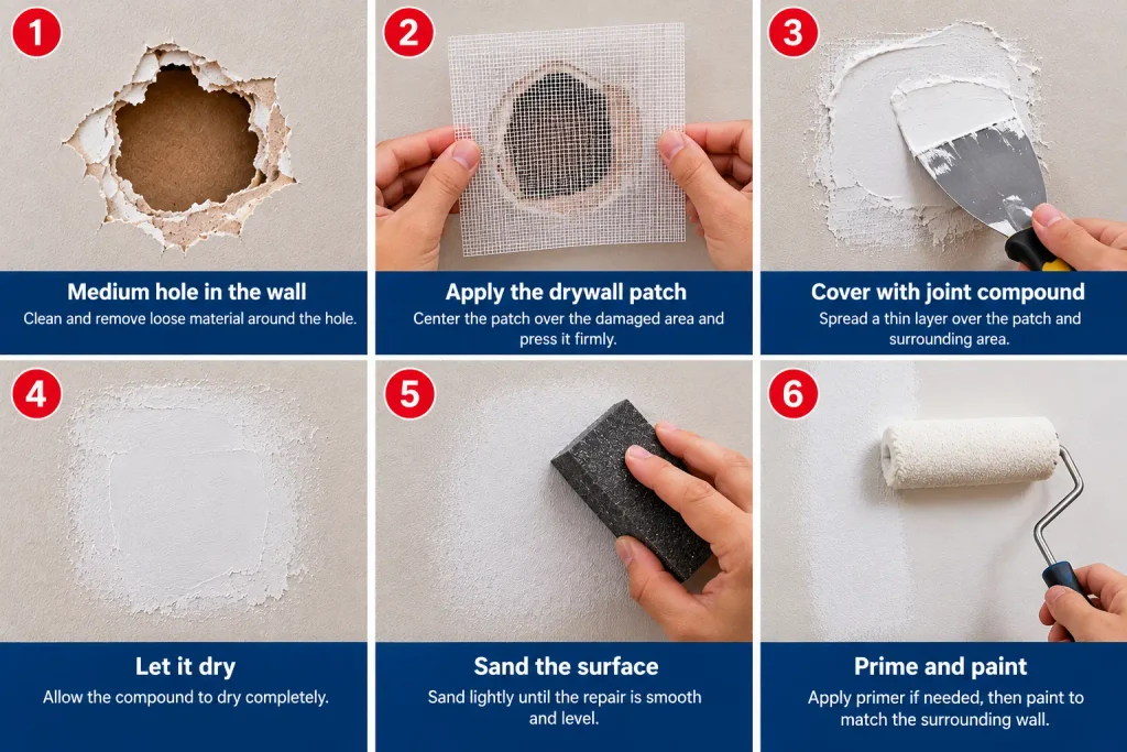 Applying a drywall repair patch over a medium hole in a wall