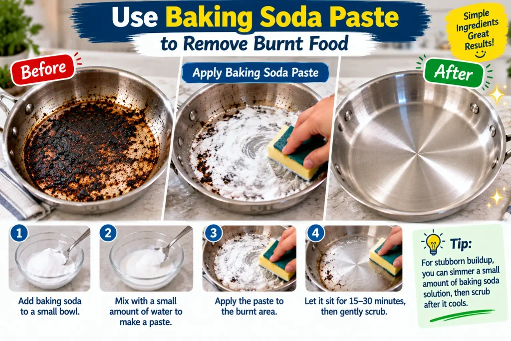 Applying baking soda paste to burnt food on a stainless steel pan