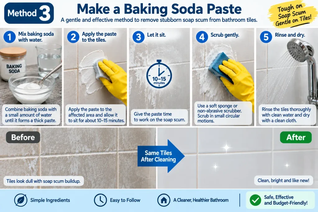 Applying baking soda paste to remove soap scum from bathroom tiles