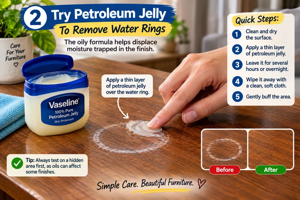 Applying petroleum jelly to a water ring on wood furniture