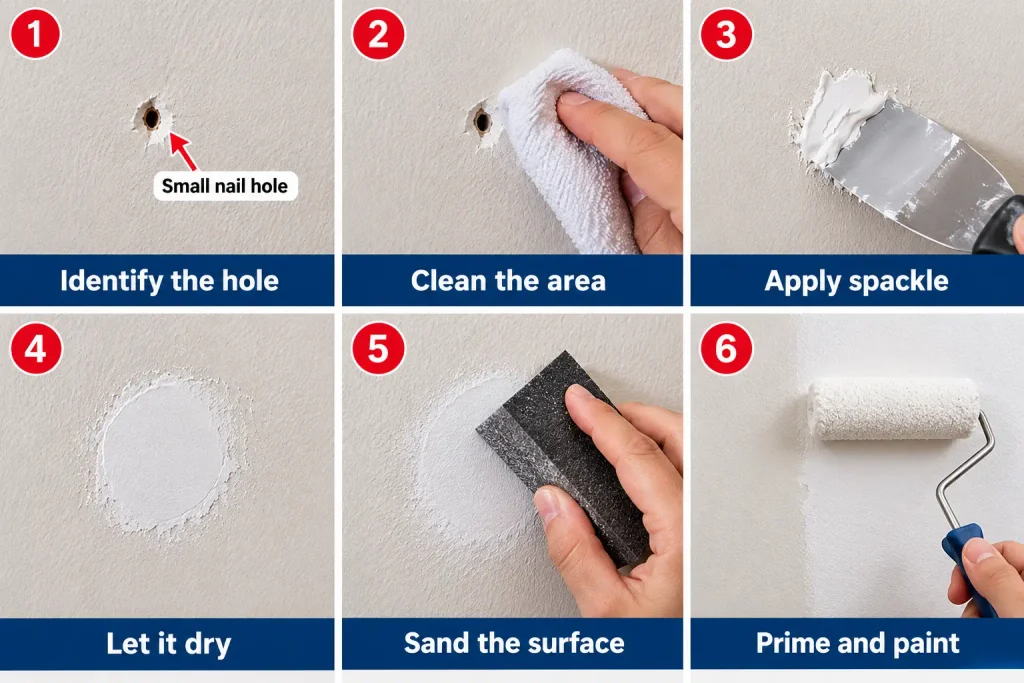 Applying spackle to a small nail hole in a wall with a putty knife