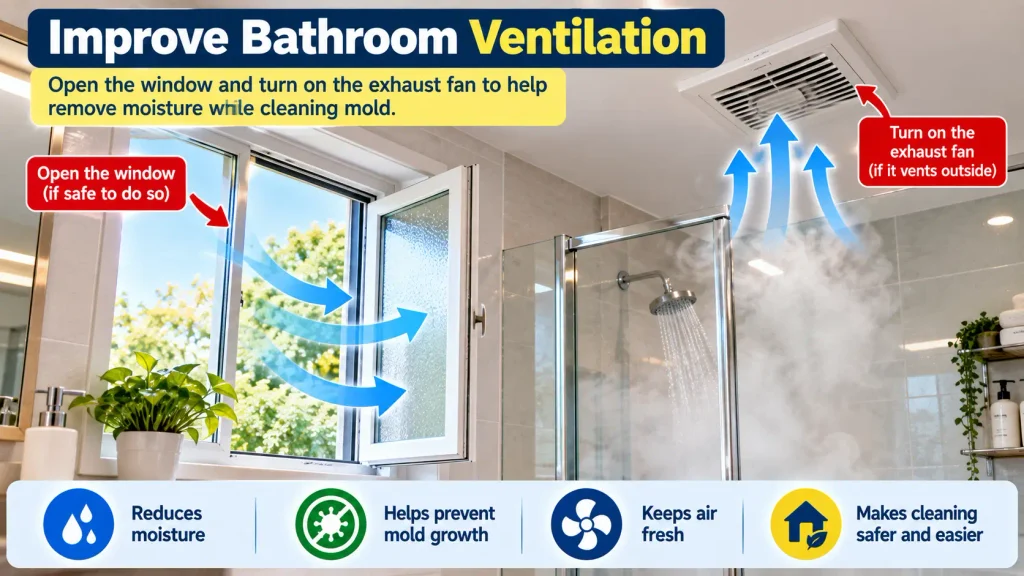 Bathroom exhaust fan and open window for mold cleaning ventilation