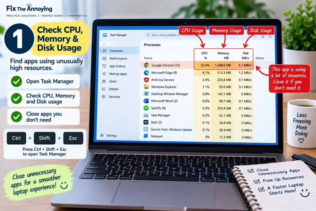 Checking CPU memory and disk usage in Windows Task Manager