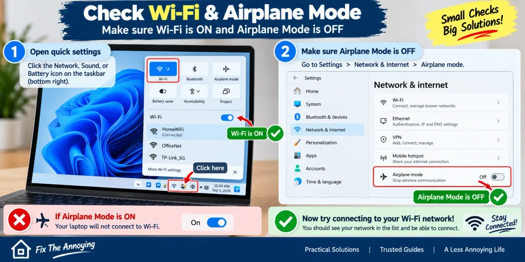 Checking Wi-Fi and Airplane Mode settings on a Windows laptop