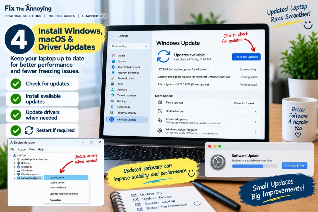 Checking Windows updates and driver updates on a laptop