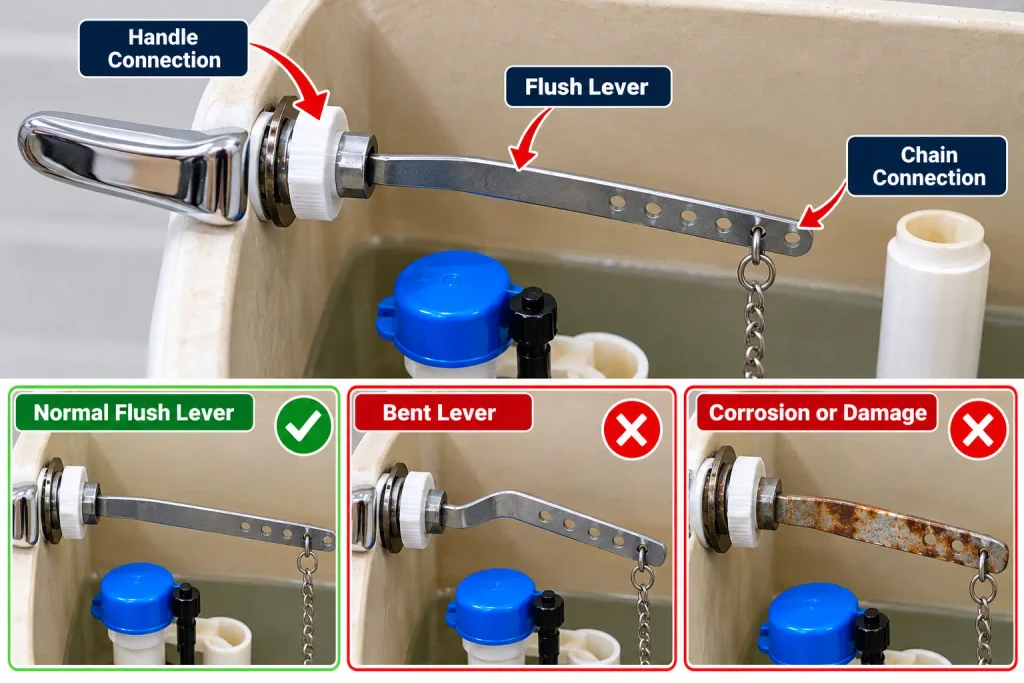 Checking a bent or damaged toilet flush lever inside the tank