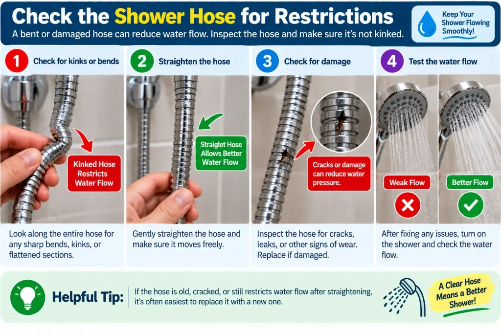 Checking a handheld shower hose for kinks and water flow restrictions