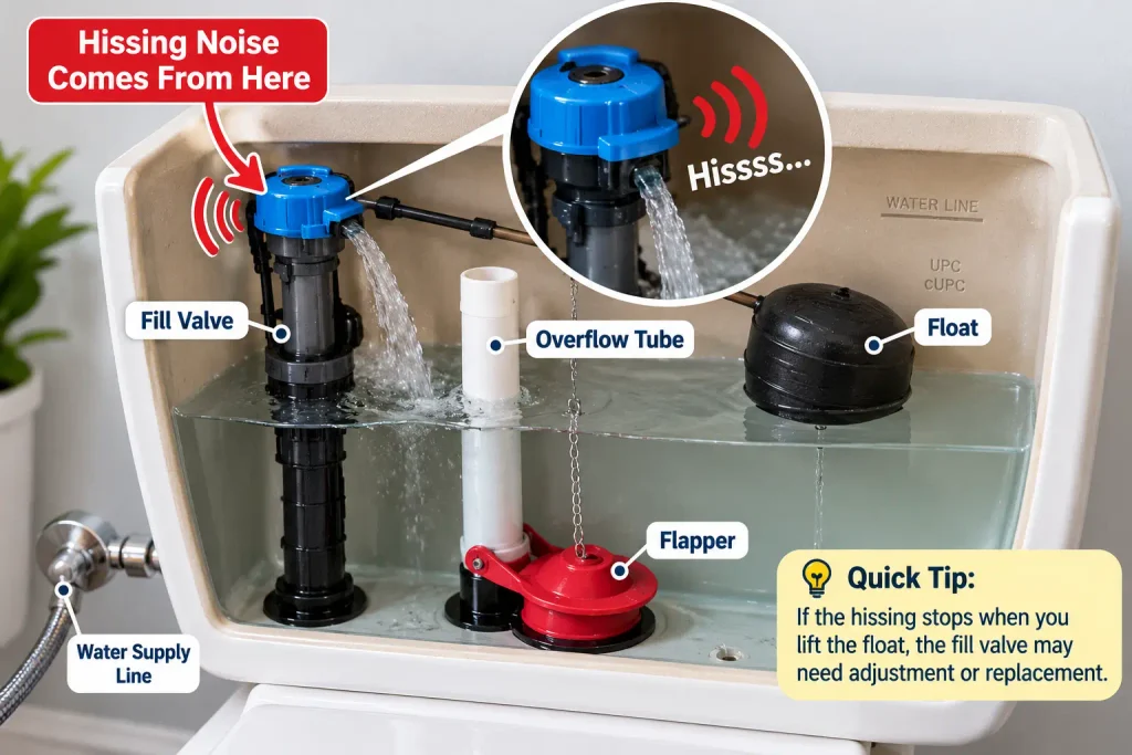 Checking a toilet fill valve that is causing a hissing noise