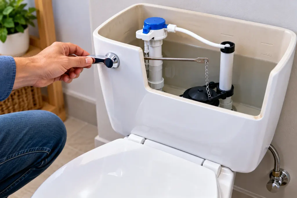 Checking a toilet flush handle and internal mechanism during home maintenance