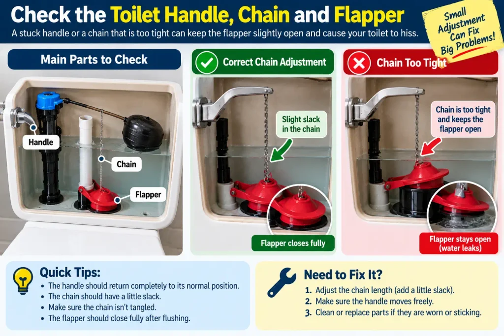 Checking a toilet handle chain and flapper for a hissing toilet