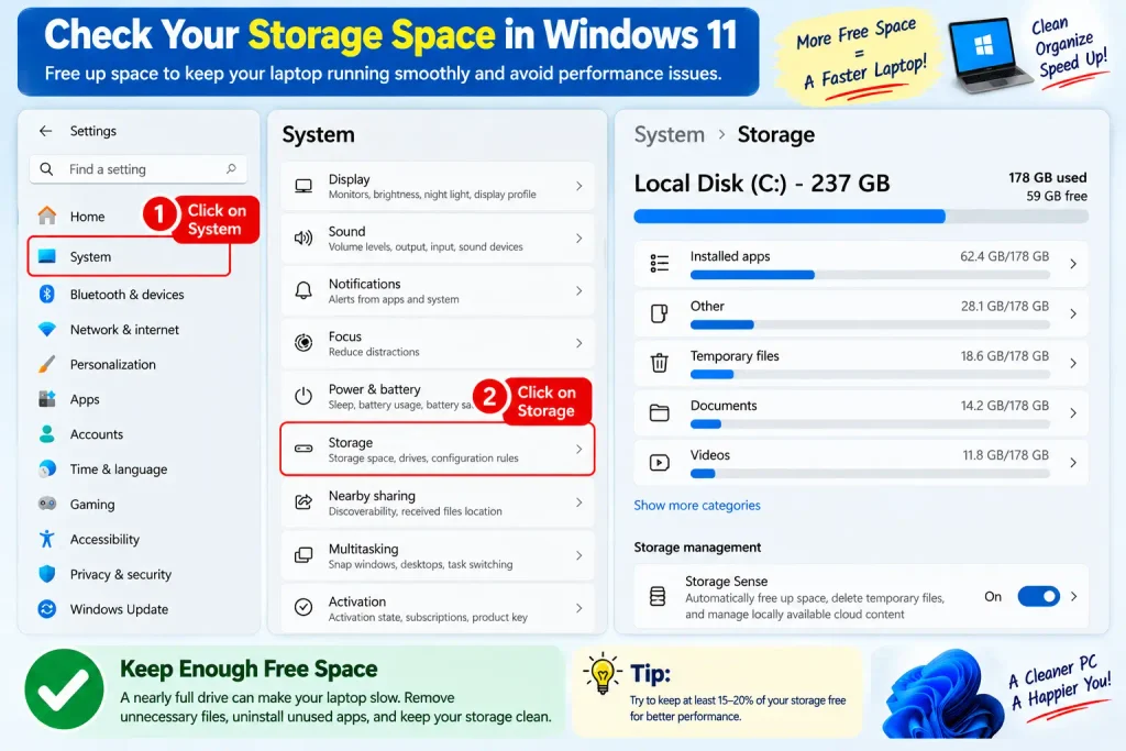 Checking available storage space in Windows Settings