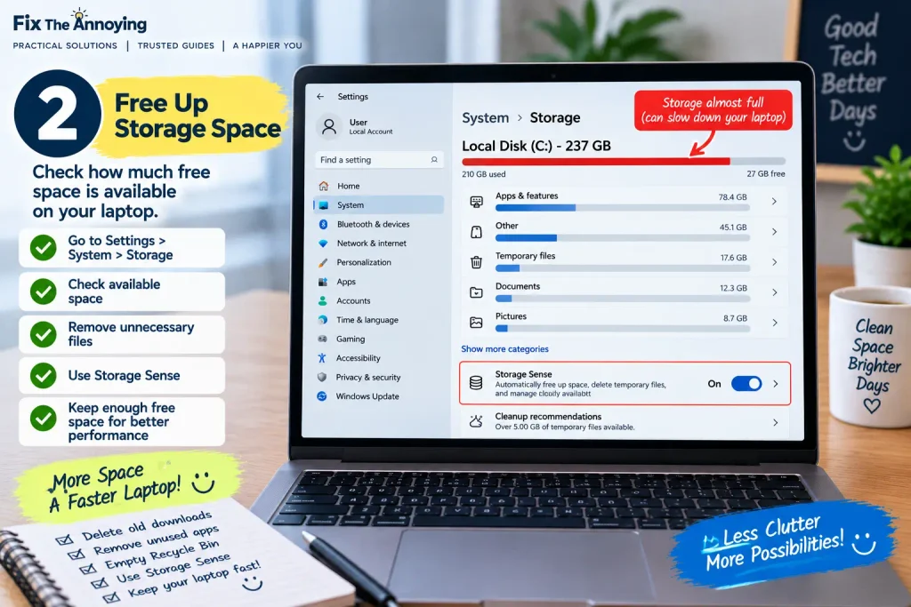 Checking available storage space on a Windows laptop