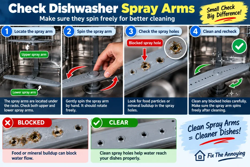 Checking dishwasher spray arms for blockages and free movement