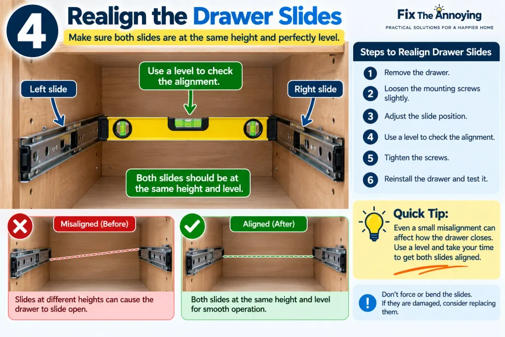 Checking drawer slide alignment with a level