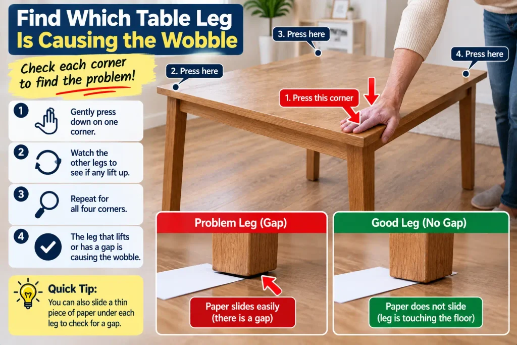 Checking each table corner to find the leg causing a wobble
